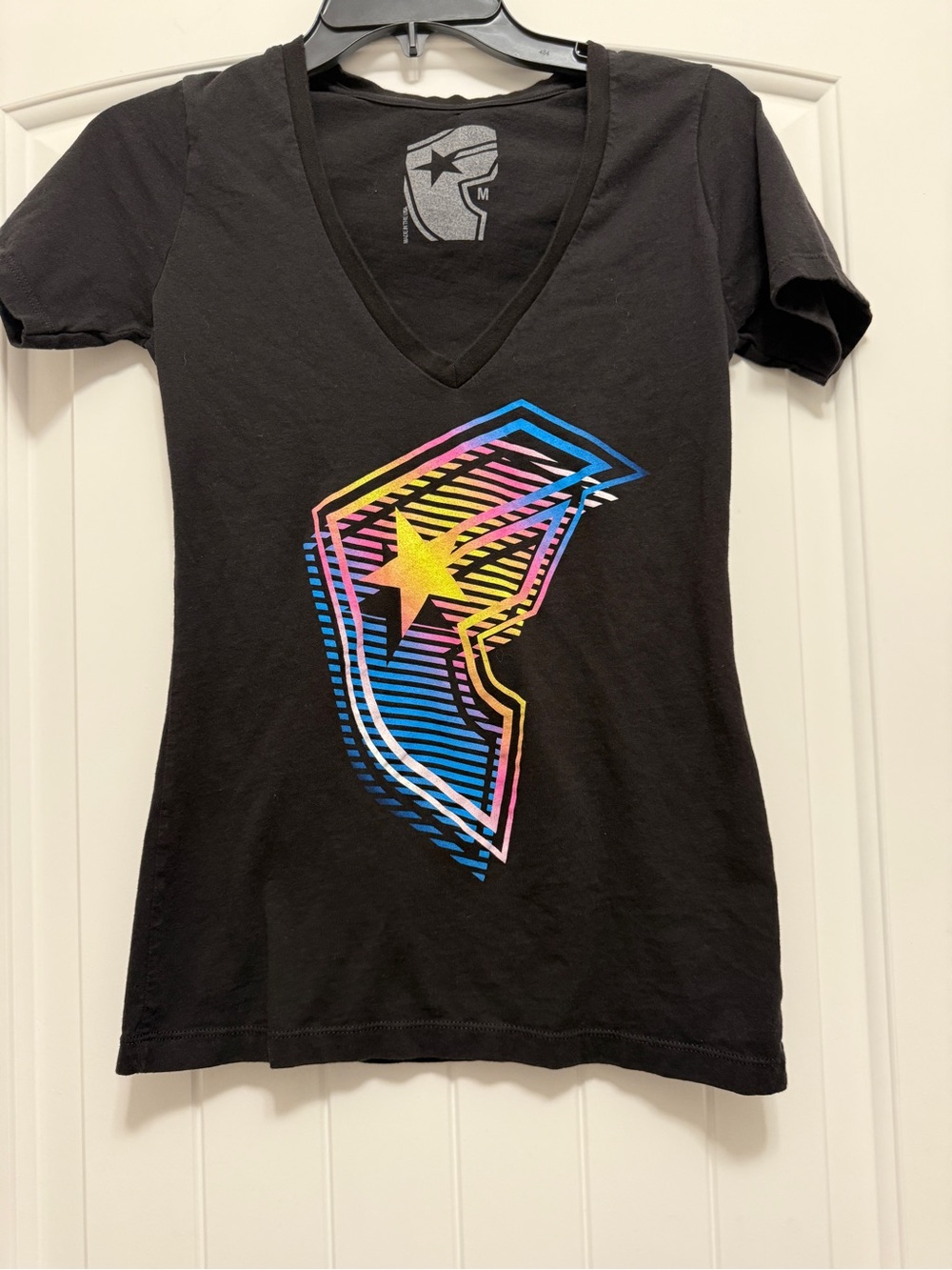 Black V-Neck Tee with Neon Gradient Star Graphic